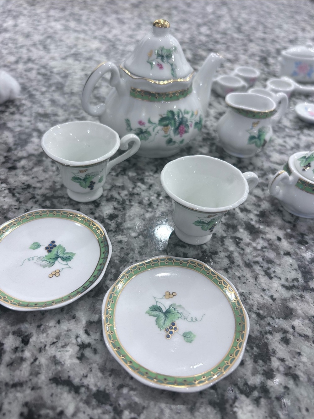 Porcelain Kids Mini Tea Set with Green Vine and Gold Trim